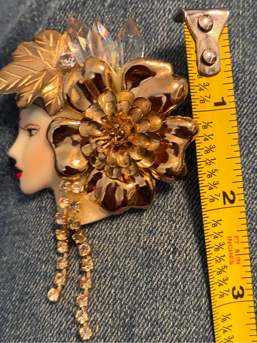 Vintage Art Deco Style Lady Face Brooch with Crystal Accents - Women Jewelry